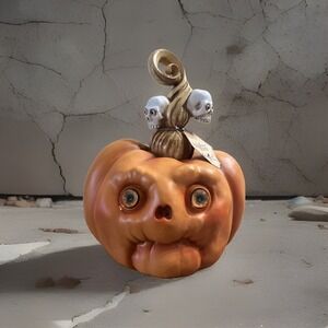 Hallows Eve Pucker Face Pumpkin Skull Halloween Decor Resin Tabletop Figure 15in